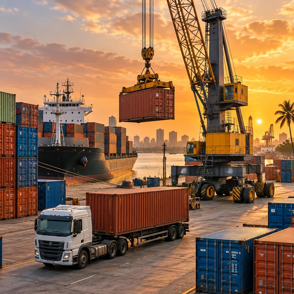 Container vessel, crane and freight truck at a busy port